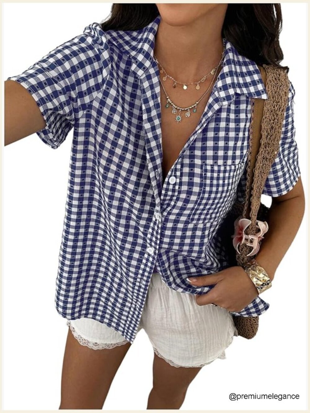 Short Sleeve Gingham Button Down Blouse Shirt for Women